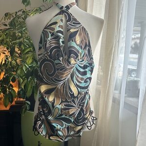 Croft & Barrow Tankini Top in Retro Style Print, Adjustable Halter strap, sz 14